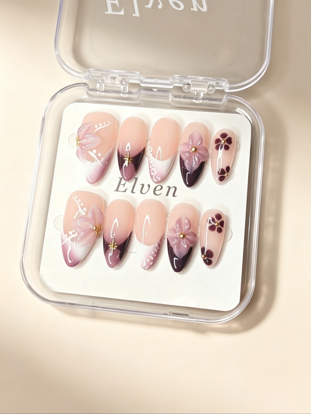 Purple Black White Floral French Tips Handmade Press On Nails Medium Almond